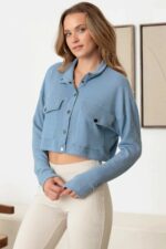 Two Pocket Long Sleeve Crew Neck Crop Jacket - Image 4