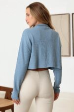 Two Pocket Long Sleeve Crew Neck Crop Jacket - Image 2