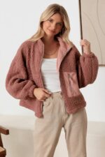 Sherpa Long Sleeve Ribbed Pocket Mock Neck Jacket - Image 5