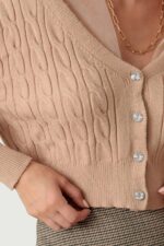 Cable Rhinestone Button-Up Long Sleeve Sweater - Image 18