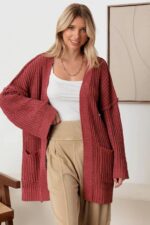 Long Sleeve Two Pocket Open Front Knit Cardigan - Image 8