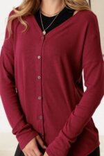 Burgundy V-Neck Long Sleeve Cardigan - Image 6