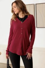 Burgundy V-Neck Long Sleeve Cardigan - Image 3