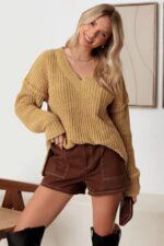 Single Front Pocket Long Sleeve V-Neck Sweater - Image 3