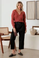 Cable Rhinestone Button-Up Long Sleeve Sweater - Image 5