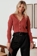 Cable Rhinestone Button-Up Long Sleeve Sweater - Image 4