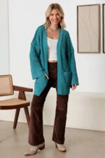 Long Sleeve Two Pocket Open Front Knit Cardigan - Image 7