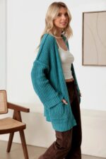 Long Sleeve Two Pocket Open Front Knit Cardigan - Image 3