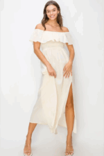 Ruffle Tiered Off Shoulder Side Slit Smocked Midi Dress