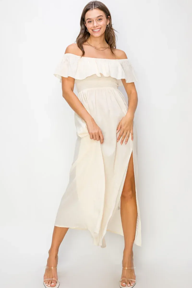 HF24A150-cream-off-shoulder-dress-front Ruffle Tiered Off Shoulder Side Slit Smocked Midi Dress - Image 1