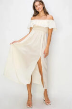 Ruffle Tiered Off Shoulder Side Slit Smocked Midi Dress - Image 4