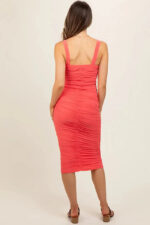 Coral Square Neck Wide Straps Ruched Bodycon Midi Dress - Image 2