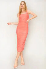 Coral Square Neck Wide Straps Ruched Bodycon Midi Dress - Image 4
