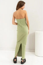 Minimalist Raw Hem Strapless Back Slit Column Tube Maxi Dress - Image 2