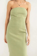 Minimalist Raw Hem Strapless Back Slit Column Tube Maxi Dress - Image 5