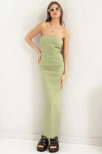 Minimalist Raw Hem Strapless Back Slit Column Tube Maxi Dress