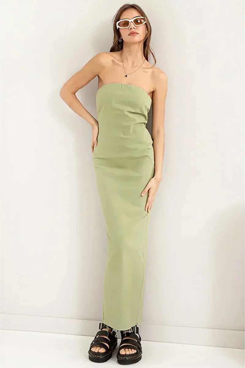 HF24C930-womens-green-twill-tube-maxi-dress-front-1 Minimalist Raw Hem Strapless Back Slit Column Tube Maxi Dress - Image 1