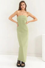 Minimalist Raw Hem Strapless Back Slit Column Tube Maxi Dress - Image 4