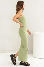 Minimalist Raw Hem Strapless Back Slit Column Tube Maxi Dress - Image 3