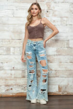 High Waisted Acid Wash Distressed Wide Leg Denim Jeans - Image 3