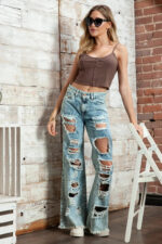 High Waisted Acid Wash Distressed Wide Leg Denim Jeans