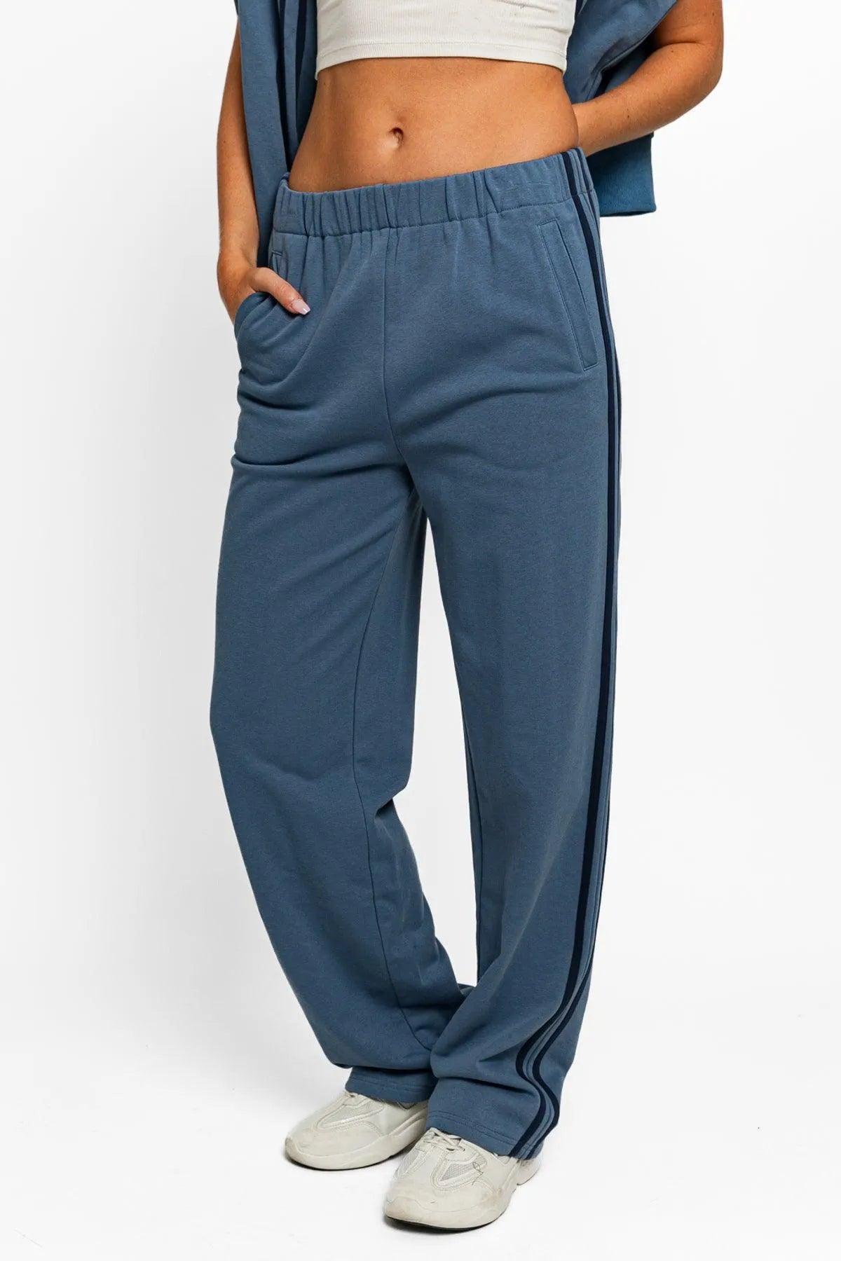 IP3637-blue-straight-track-pants-front-1 High Waisted Side Stripes Straight Track Sweatpants - Image 1