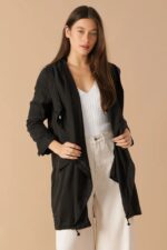 Draped Wide Asymmetrical Lapel Collar Hooded Jacket - Image 5