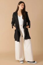 Draped Wide Asymmetrical Lapel Collar Hooded Jacket - Image 3