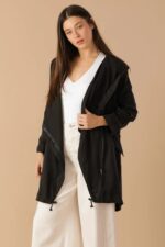 Draped Wide Asymmetrical Lapel Collar Hooded Jacket - Image 4