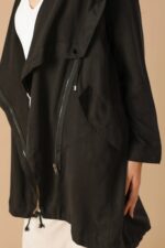 Draped Wide Asymmetrical Lapel Collar Hooded Jacket - Image 6