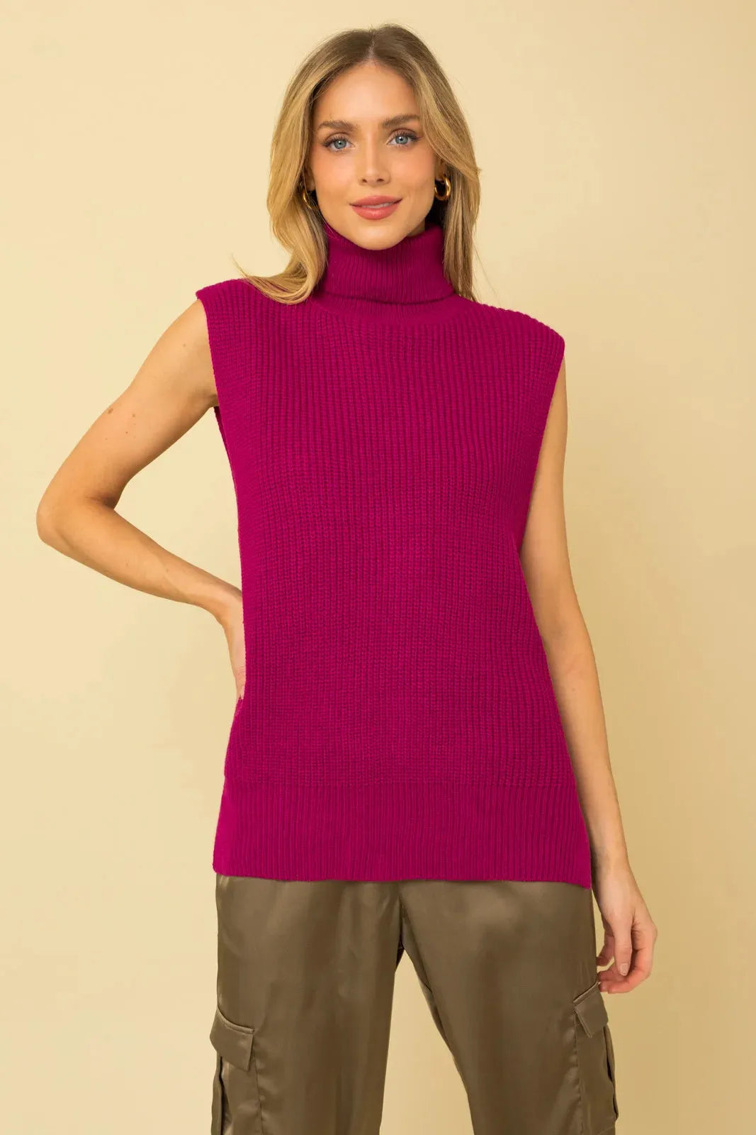 JWT2351_FUCHSIA_3 Oversized Fit Turtleneck Cozy Sweater Vest - Image 1