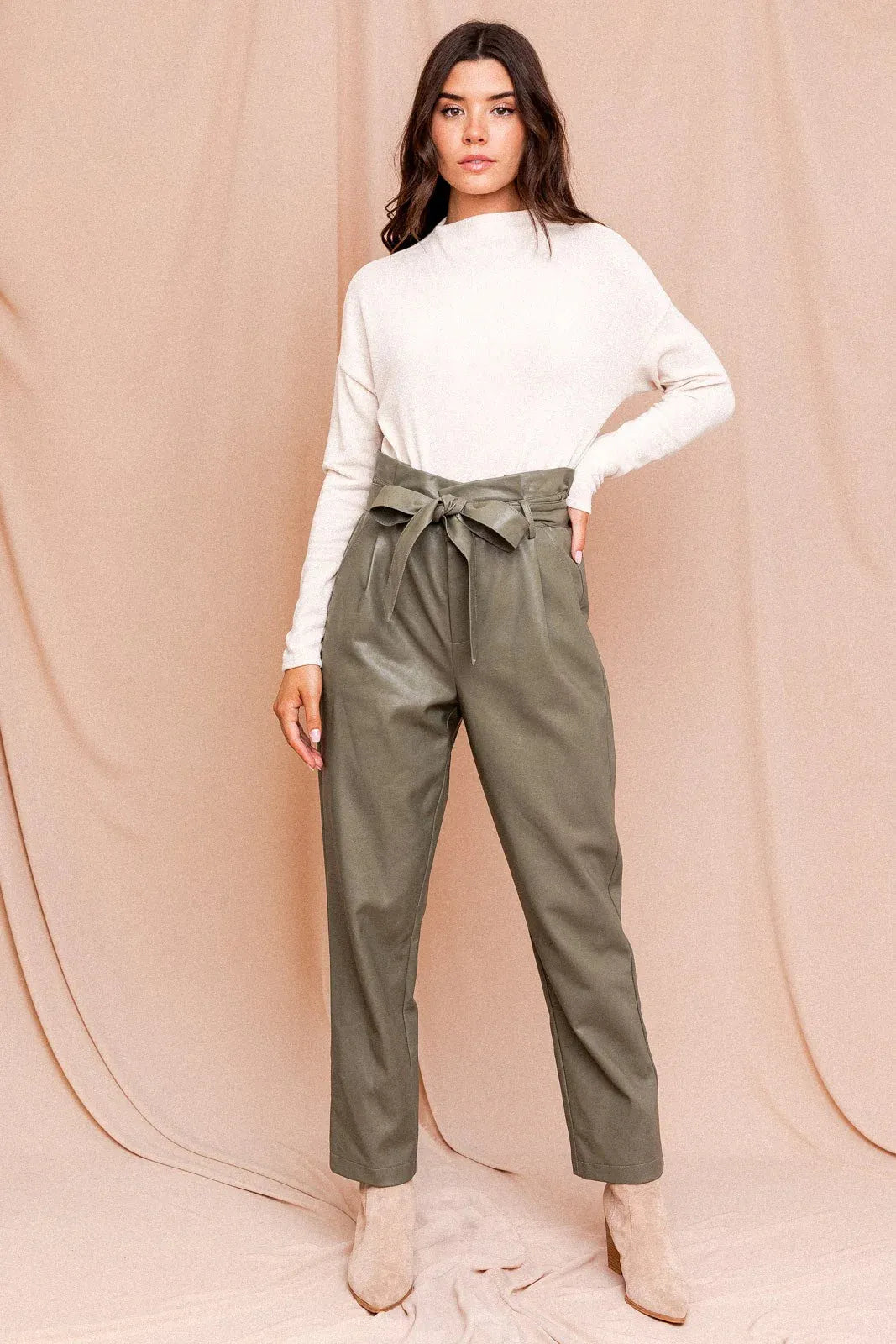 MP3493G_olive_paperbag_vegan_leather_trousers_1 Paperbag High Waist Belted Vegan Trousers - Image 1