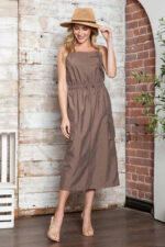 Utility Safari Style Zippered Pockets Drawstring Waist Midi Dress