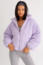 Zip Up Stand Up Collar Fuzzy Puff Jacket - Image 3