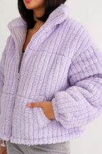 Zip Up Stand Up Collar Fuzzy Puff Jacket - Image 5