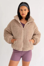 Zip Up Stand Up Collar Fuzzy Puff Jacket - Image 6