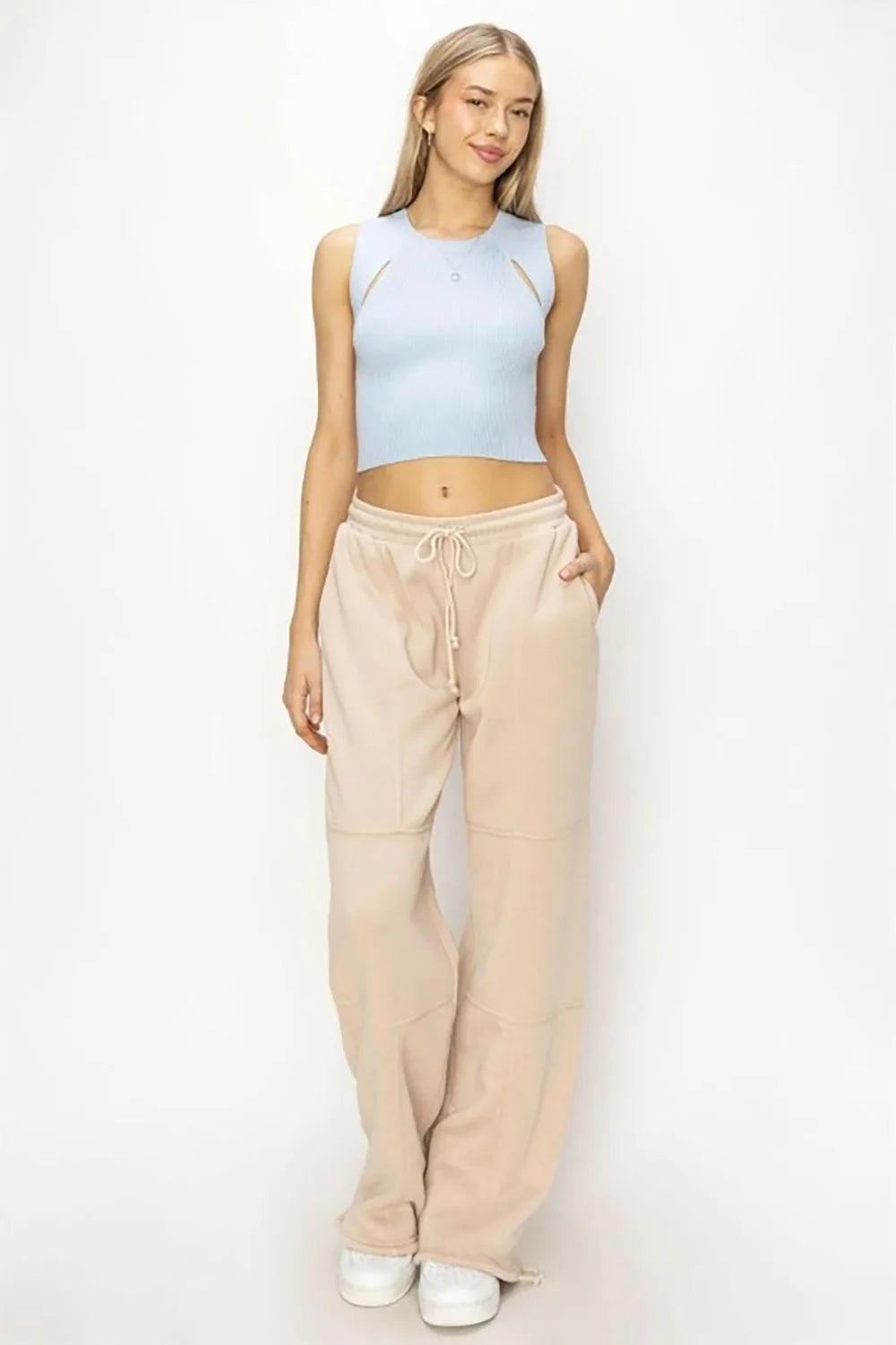 double-zero-drawstring-tie-hem-joggers-pants-dz24a840-3 Soft Drawstring Tie Hem Casual Joggers Comfort Athleisure Pants - Image 1