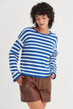 Classic Horizontal Striped Soft Knit Crew Neck Relaxed Fit Long Sleeve Pullover Sweater - Image 4