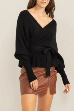 Long Sleeve Tiered Hen Wrap Front Knit Sweater with Crisscross Back Detail Top