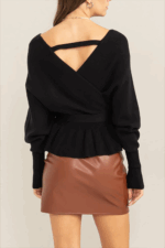 Long Sleeve Tiered Hen Wrap Front Knit Sweater with Crisscross Back Detail Top - Image 2