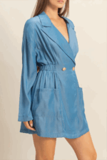 Long Sleeve Gold Button Ruched Waist Chambray Wrap Mini Shirt Dress