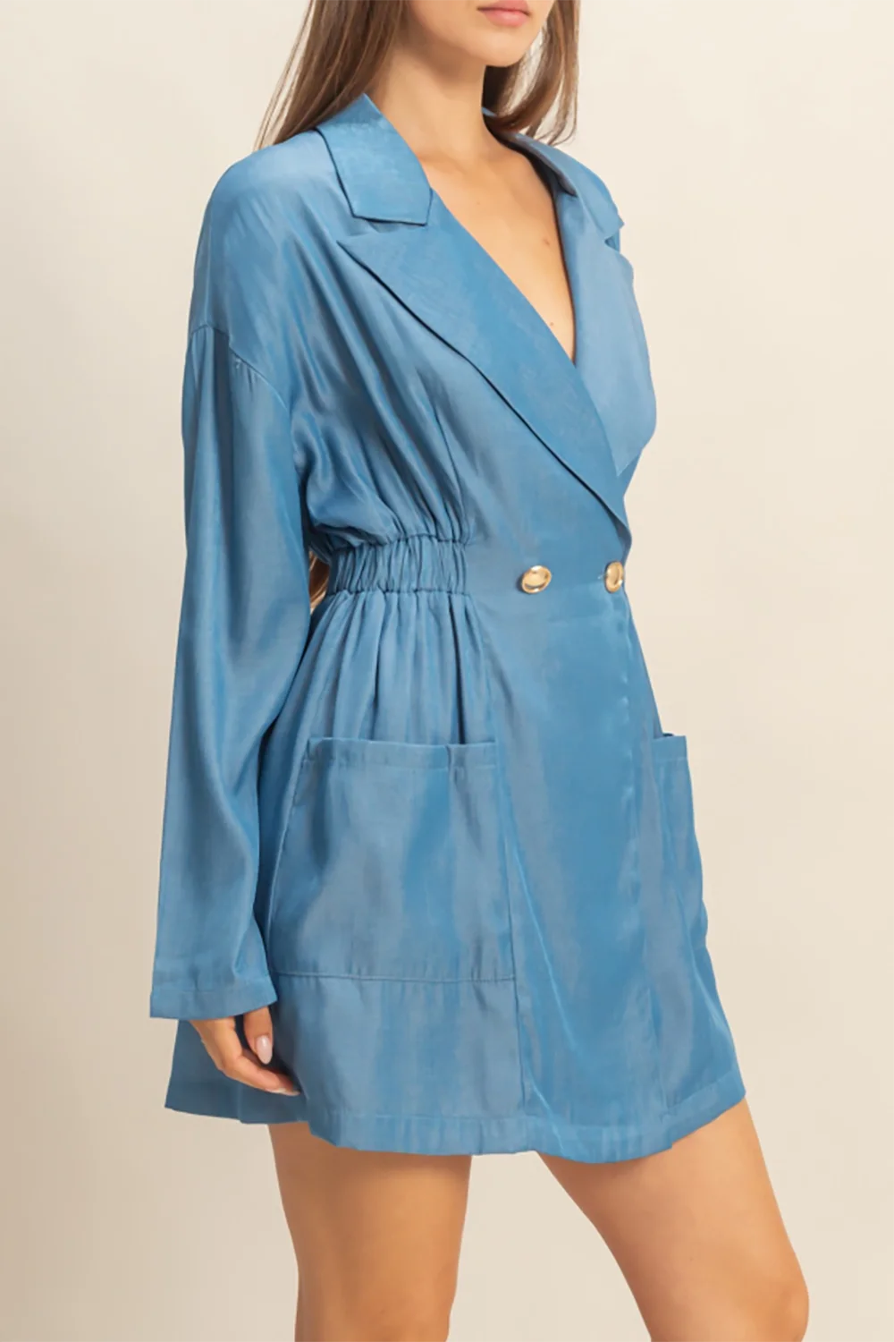 hyfve-blue-double-breasted-blazer-dress-1 Long Sleeve Gold Button Ruched Waist Chambray Wrap Mini Shirt Dress - Image 1