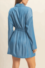 Long Sleeve Gold Button Ruched Waist Chambray Wrap Mini Shirt Dress - Image 2