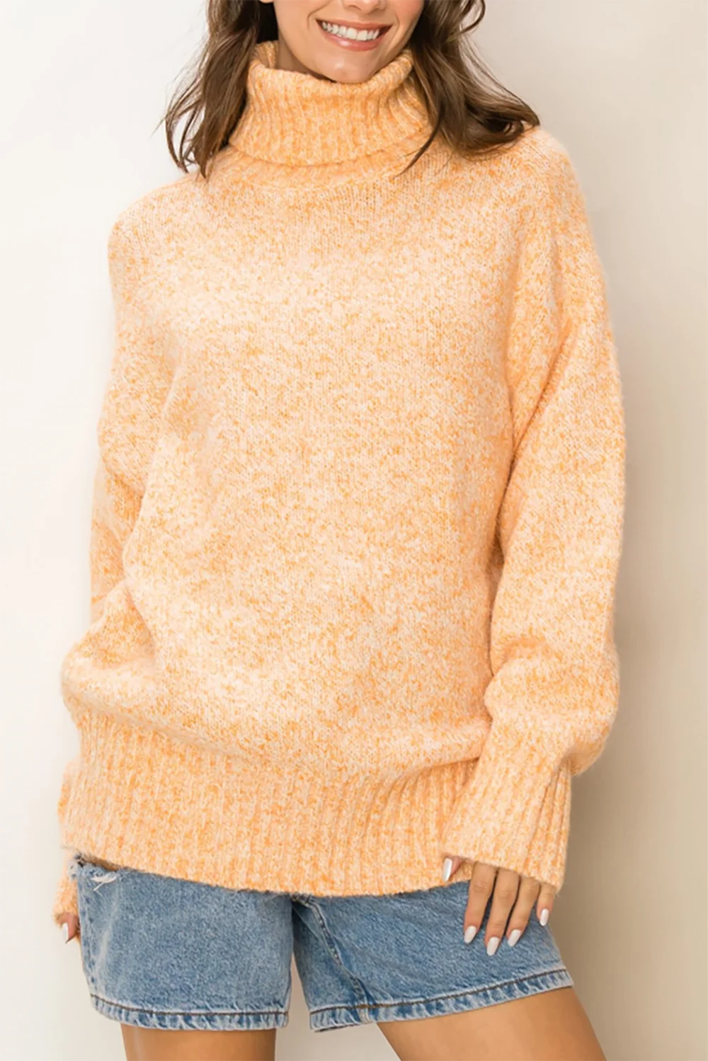 hyfve-peach-chunky-knit-turtleneck-sweater-cozy-1-1 Chunky Knit Mock Neck Long Sleeve Oversized Cozy Speckled Pullover Sweater - Image 1