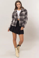 Plaid Collared Neck Front Button Side Pocket Boucle Jacket - Image 4