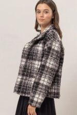 Plaid Collared Neck Front Button Side Pocket Boucle Jacket - Image 3