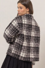 Plaid Collared Neck Front Button Side Pocket Boucle Jacket - Image 2
