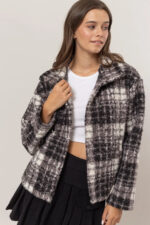 Plaid Collared Neck Front Button Side Pocket Boucle Jacket