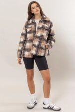 Plaid Collared Neck Front Button Side Pocket Boucle Jacket - Image 10