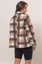 Plaid Collared Neck Front Button Side Pocket Boucle Jacket - Image 6